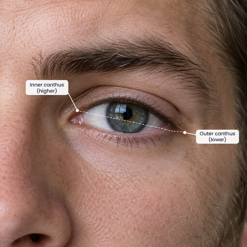 Close view of a man's eye from nose bridge to temple.