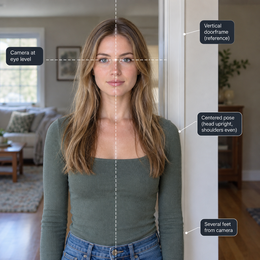 Woman standing upright beside a vertical doorframe for a level photo.